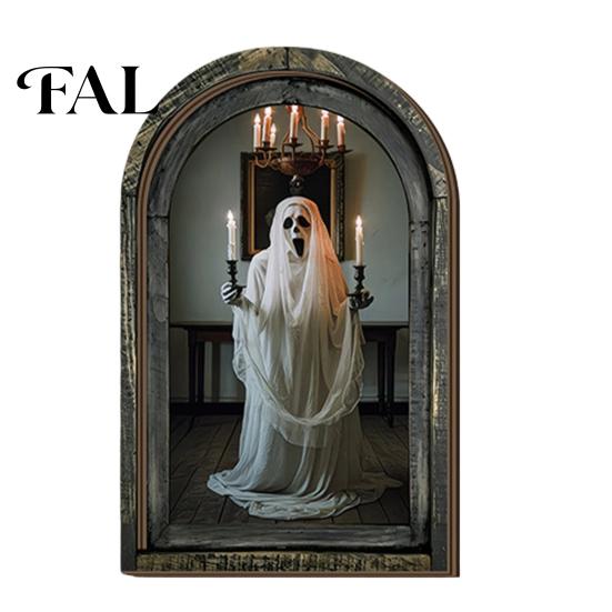 Spooky Gothic Room Decor Halloween Arched Wooden Wall Decor, Ghost Cat Hanging Ornament, Distressed Atmosphere Home Accents Tabletop Plaque,