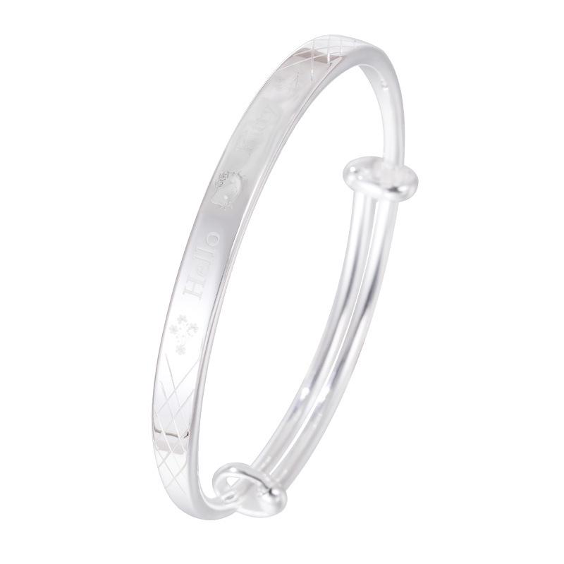 Big Kids 9999 Sterling Silver Keti Cat Bracelet - Solid Silver, Push-Pull Bangle, Engravable, Simple Design for Children.