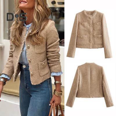 Women's Cropped Tweed Blazer Jackets Long Sleeve Button Down Short Coat with Pockets Casual Spring Fall Business Work Suit