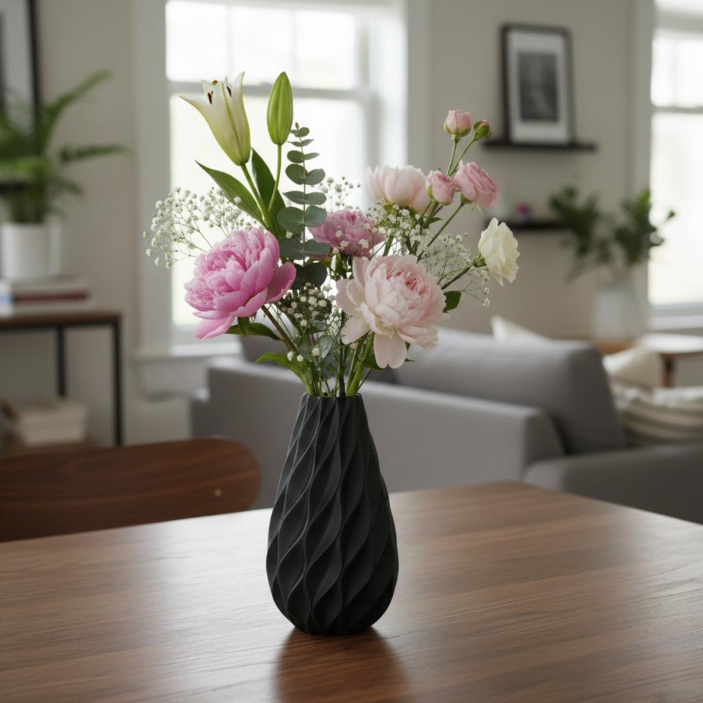 Decorative vase with rounded lines, black, minimalist form