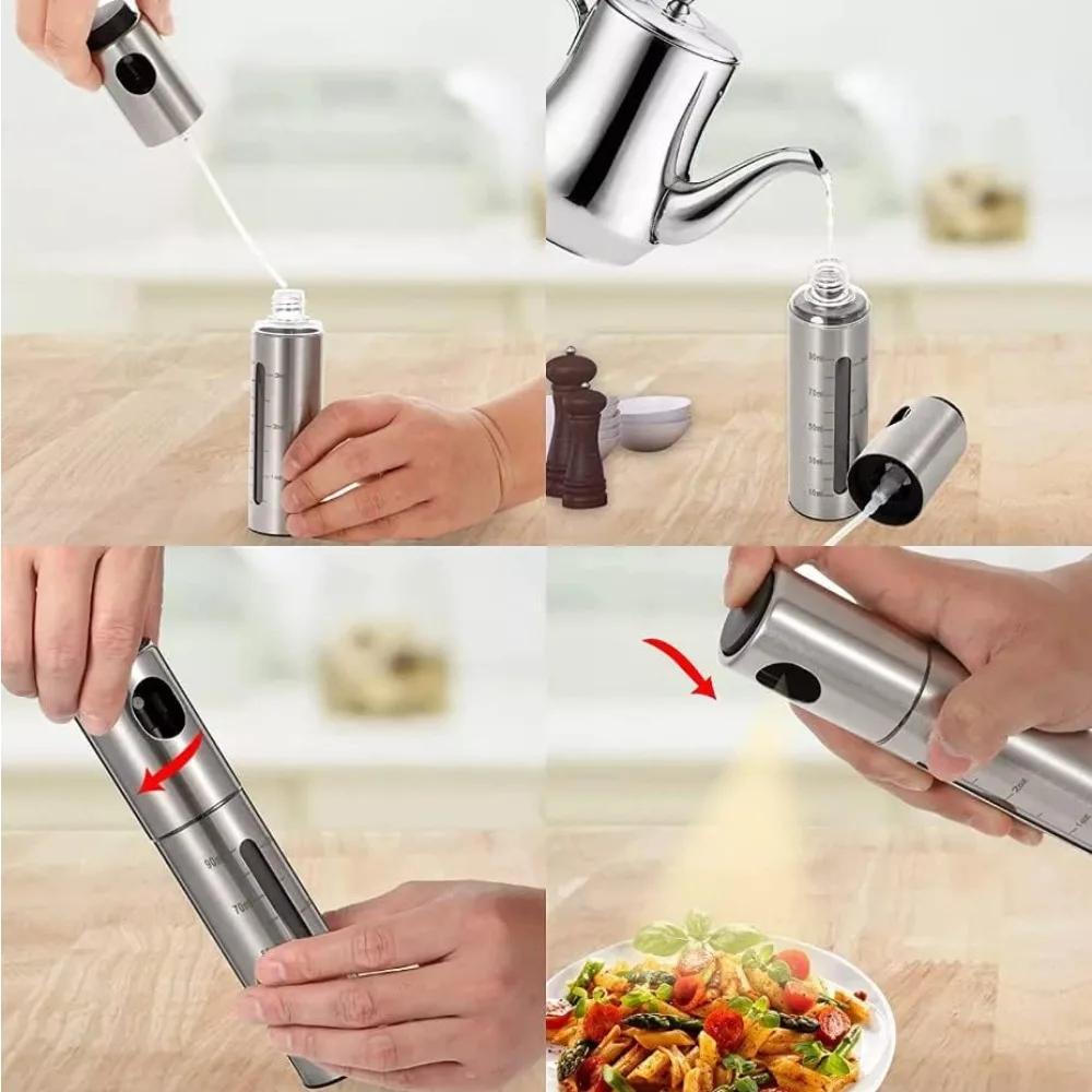 100ML Stainless Steel Oil Leak-proof Spray Bottle Barbecue Oil Pot Seasoning Bottle with Scale for Cooking Air Fryer BBQ Baking