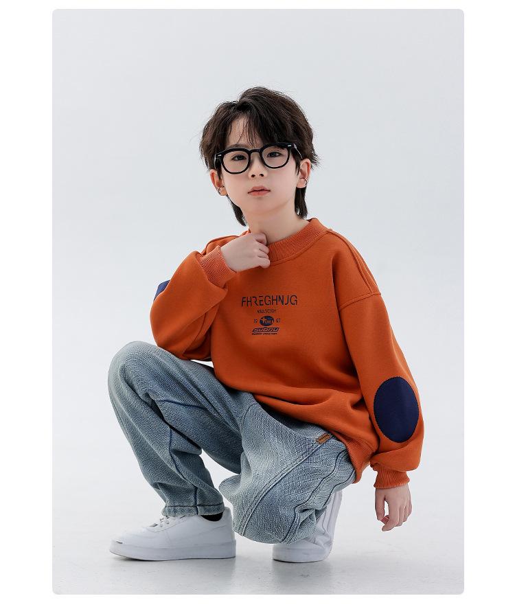 Boys' Winter 2025 Plus Velvet Hoodie: Stylish Thick Long Sleeve Round Neck Sweatshirt for Kids