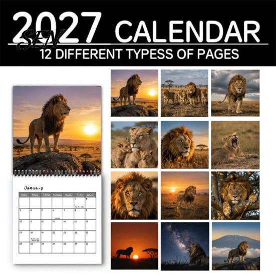 Thick Paper Wall Hanging 2027 African Lion Calendar, 12-Month Wildlife Photography Planner with Durable Metal Coil Binding Binding, for Home