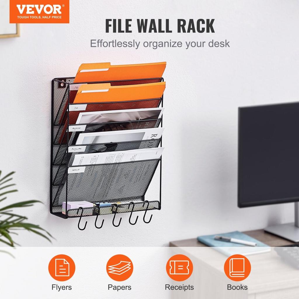 File Wall Rack, One-Piece 6 Pockets Mesh Wall File Holder, Wall Mounted Magazine Mail Paper & Document Storage Folder, Metal Wall File Organizer with