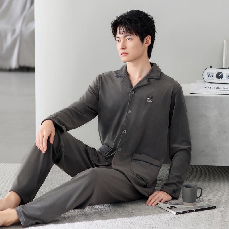 Island Fleece Pajamas Men'S Autumn And Winter Thin Fleece Warm Coral Fleece Loungewear Spring And Autumn Men'S Fleece Thickened Suit