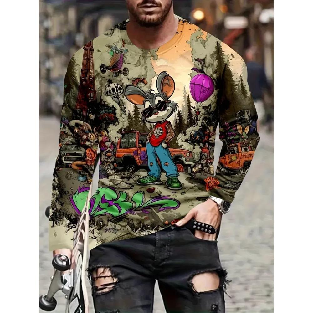 Cartoon Vibrant Rabbit Long Sleeve T-shirt Funny Animal Theme 3D Print T-shirt Man Casual Crew Neck T-shirt