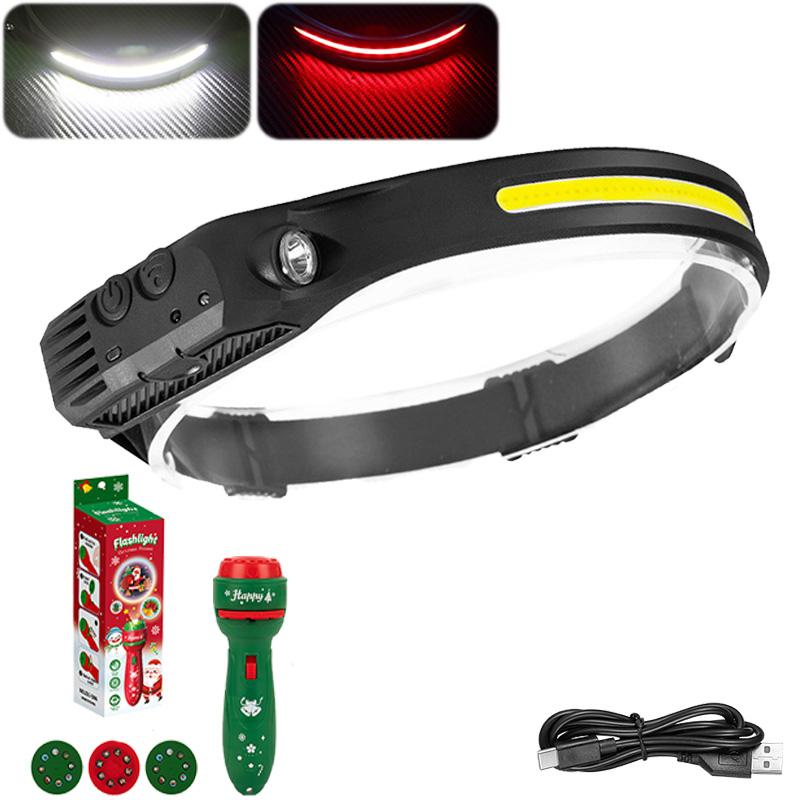 Lampada frontale a LED COB, lampada frontale a induzione, batteria integrata, ricaricabile tramite USB, torcia frontale per campeggio all'aperto, pesca con sensore