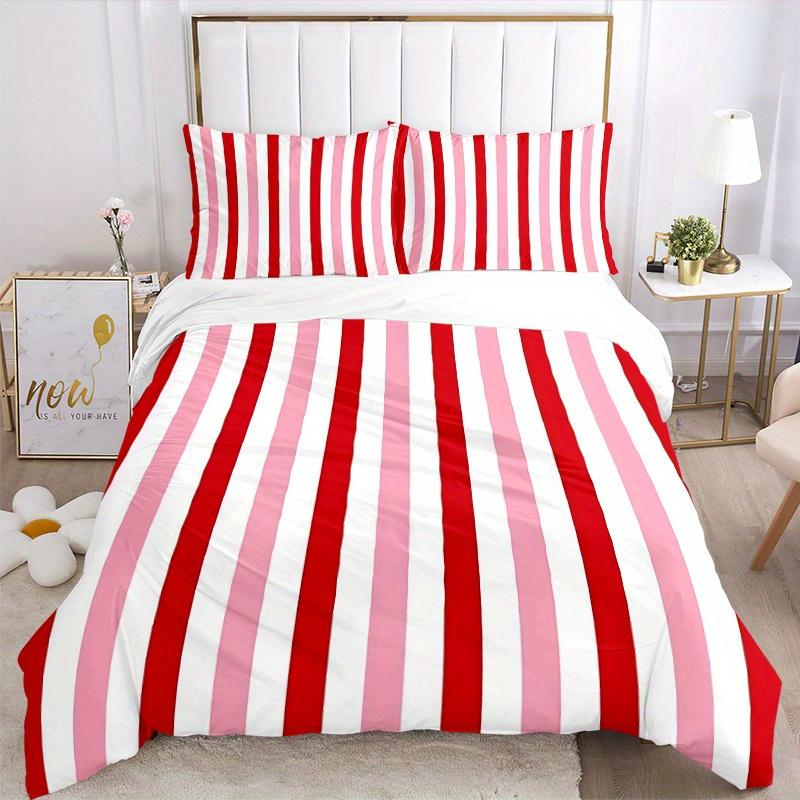Juego de Ropa de Cama Estampada con Rayas Rojas de 3 Piezas, Transpirable y Suave, Lavable a Máquina, Regalo de Navidad, Adecuado para Decoración de Dormitorio, 15172