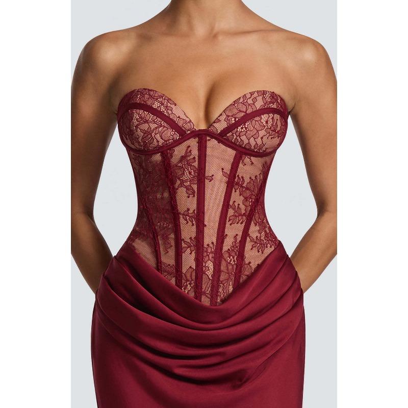 Women French Elegant Solid Lace Strapless Sling Slim Fit Evening Party Midi Dress