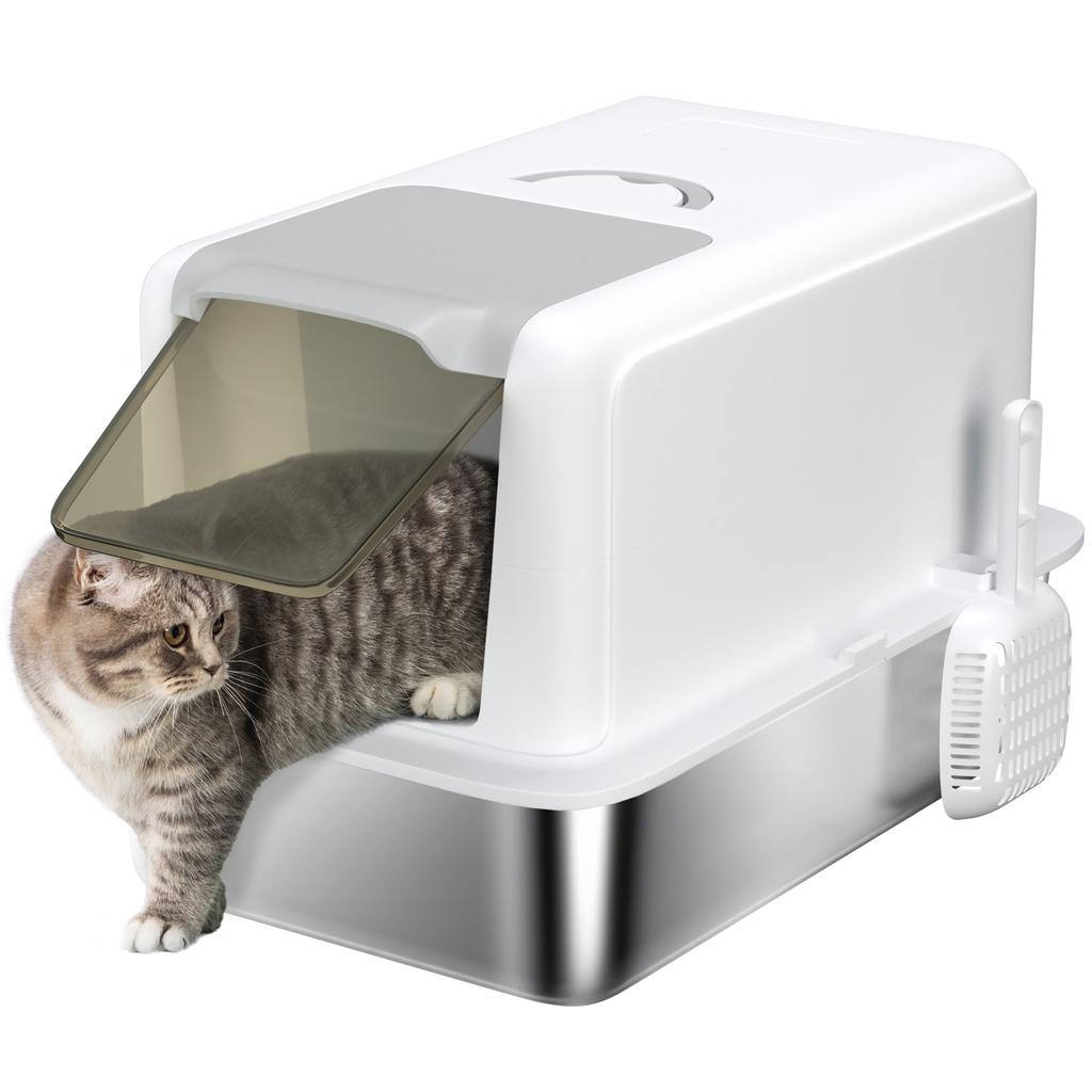 Stainless Steel Cat Litter Box with Removable Lid, Scoop, Filter Bags, for Larger Cats, White