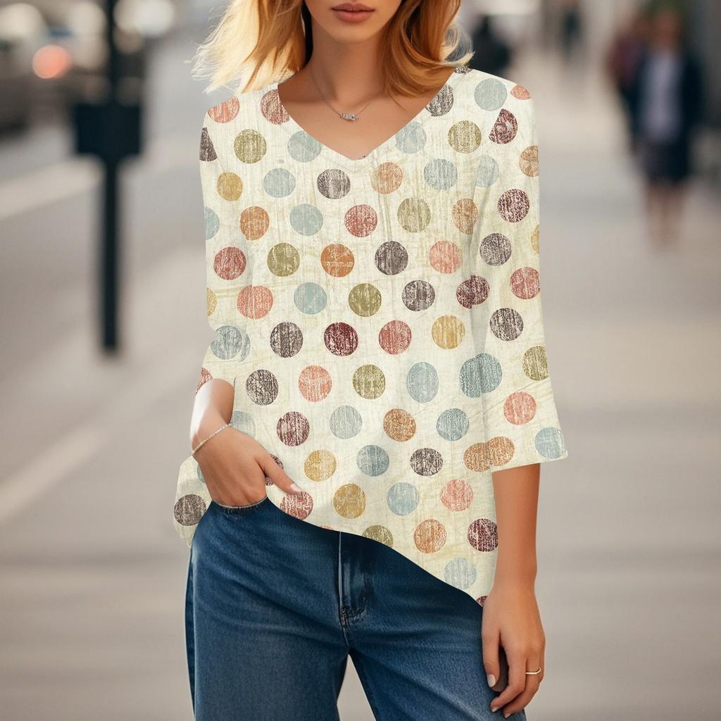 Damen Oberteile V-Ausschnitt 3/4 Ärmel Blusen Lässige Mittellange Hemden Mode Druck Tunika Oberteile