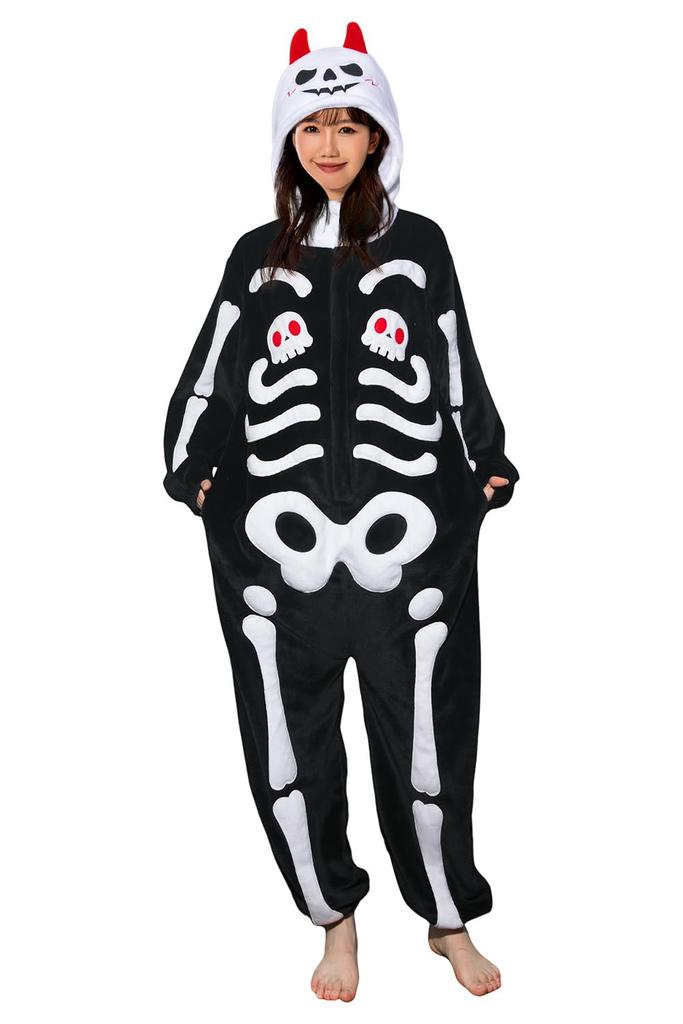 OLAOLA Halloween Skeleton Kigurumi Halloween Costume for Warm and Fluffy Animal Costume for Parties and Cold Weather Protection Pajamas, Adults, (Size