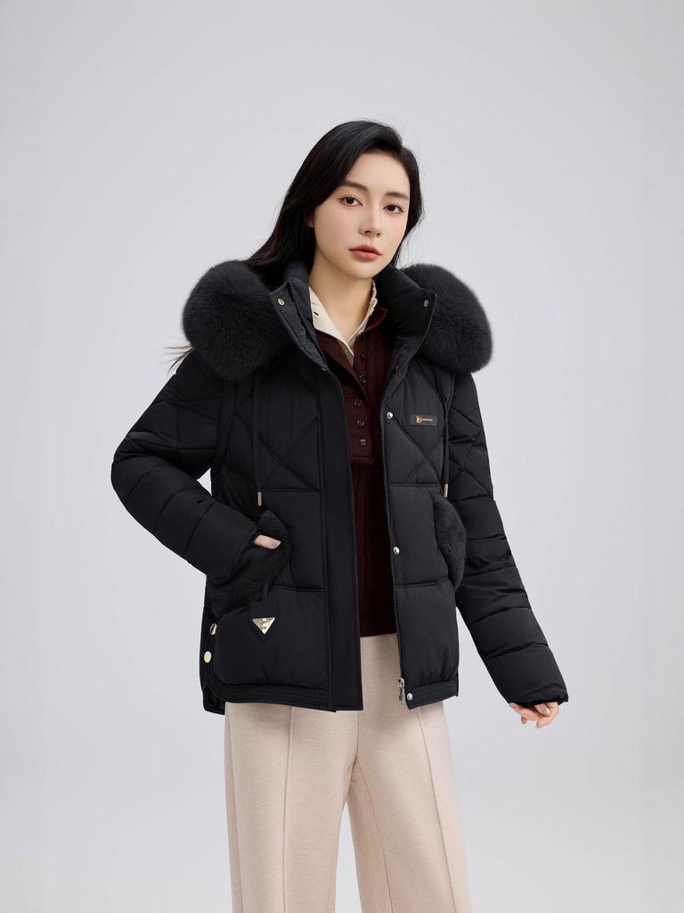 Korte Dameskatoenen Jas met Grote Bontkraag - 2025 Winter Koreaanse Stijl Slim Fit Jas