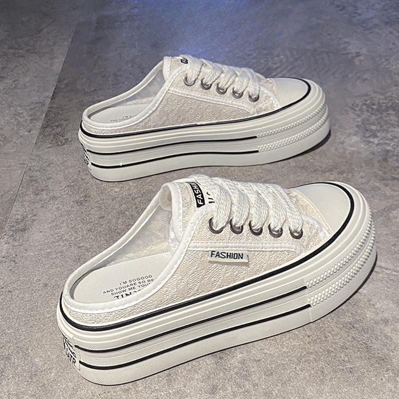Baotou Half Slippers Women Wear Cool Slippers Outside Summer New Thick-soled Heel-less Lace Mesh Breathable Little White Shoes