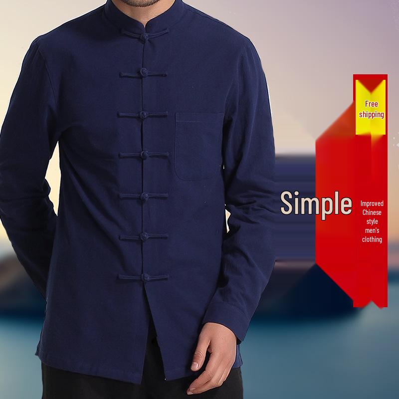 

Мужская рубашка в этническом стиле ретро тан - чистый хлопок, застежка-лягушка, воротник-стойка XL синий