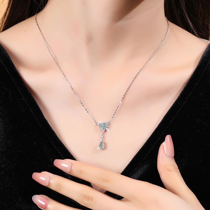 Natural dangerous material jadeite double gourd necklace women's S925 sterling silver inlaid temperament collarbone chain women's fashion jewelry gift