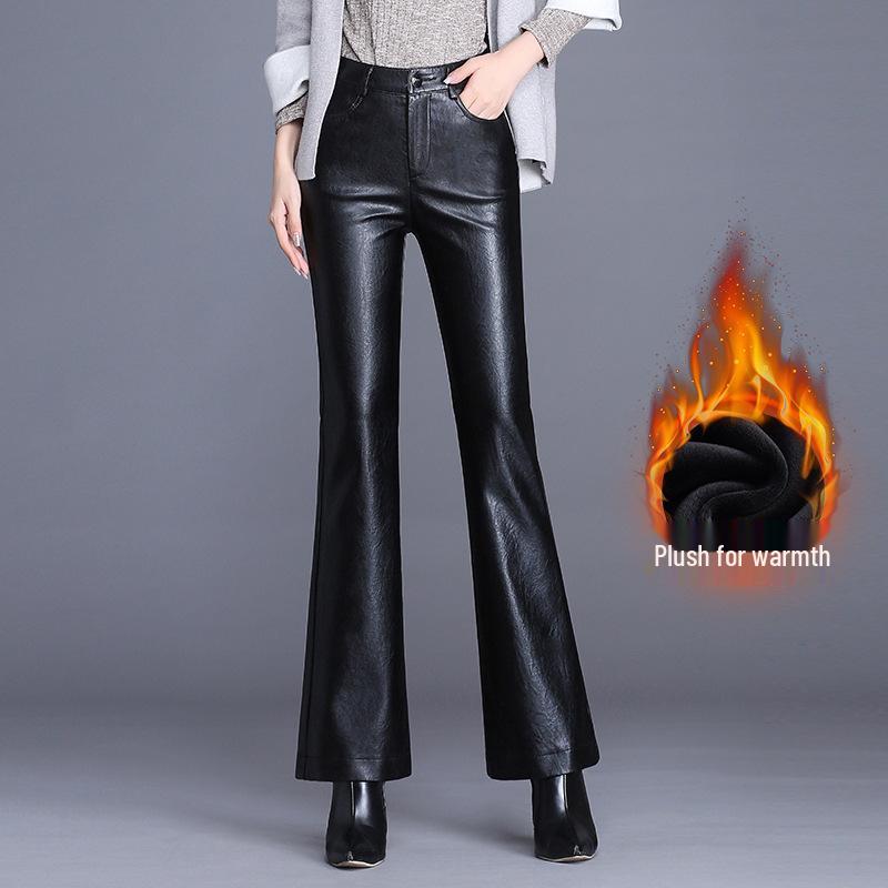 Sheepskin High Waist Micro Flare Slimming Leather Pants with Velvet for Women XL/29
