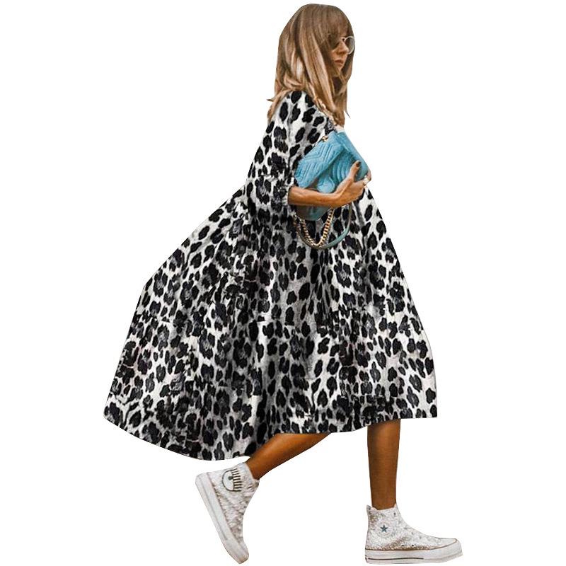 2025 Sommer Damen Rundhals Dreiviertelärmel Grau Leopardenmuster Loses Strandkleid