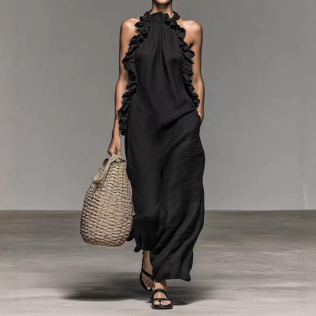 2026 Summer Halter Neck Ruffle Sleeveless Slimming Dress with Pockets