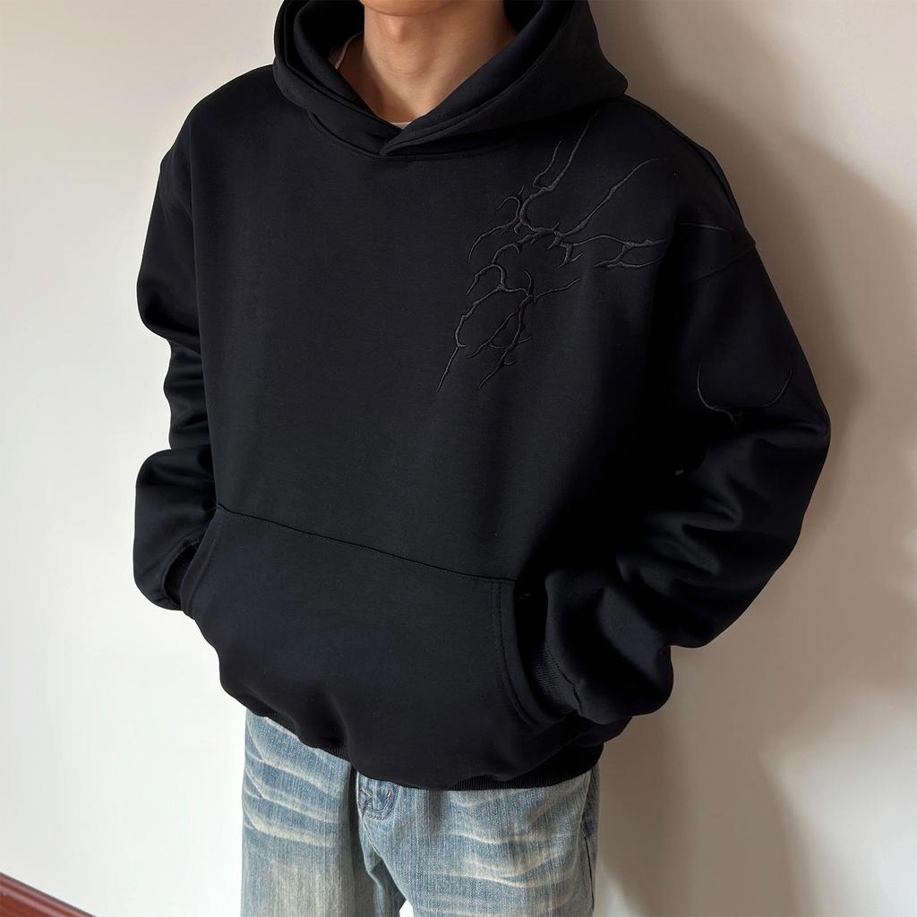 Unisex Retro Lightning Embroidery Hooded Sweatshirt - Loose Fit for Spring and Autumn