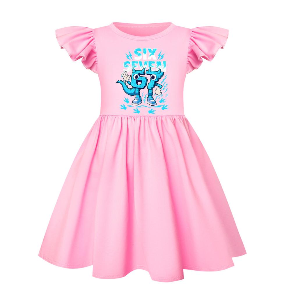5192 Kids Girls Steal a Brainrot 67 Six Seven Printed Ruffle Short Sleeves Casual Dress