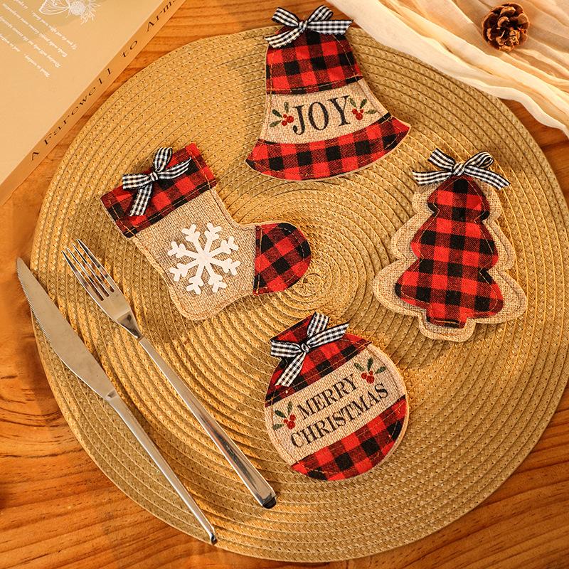 Plaid Christmas Stocking Knife And Fork Set Table Decoration Embroidery Christmas Props Knife And Fork Set Christmas Decoration Ornaments