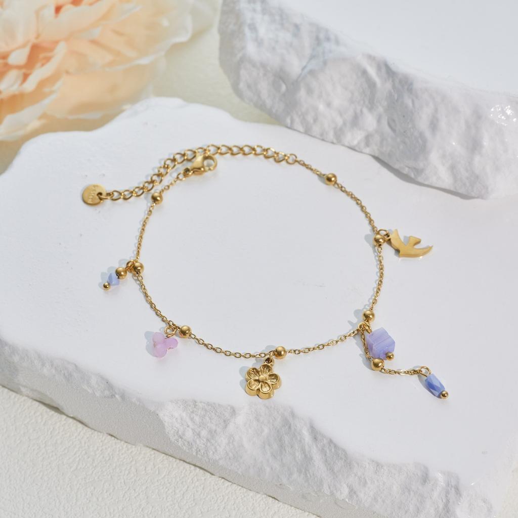 Waterproof Durable Non-Fading Trendy Spring Fresh Breeze Purple Bird 18K Gold Plated Stainless Steel Women's Necklace Chain Set
