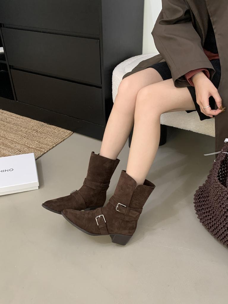 Korean Version Belt Buckle Thick Heel Folded Two Wear Short Boots Women's Autumn and Winter New Fashionable Temperament Denim Thin Short Boots