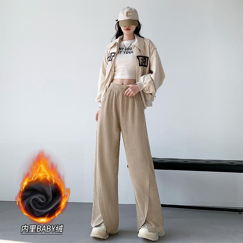 

0G fleece wide-leg pants women s trousers winter new loose high-waisted casual pants straight pants XL хаки