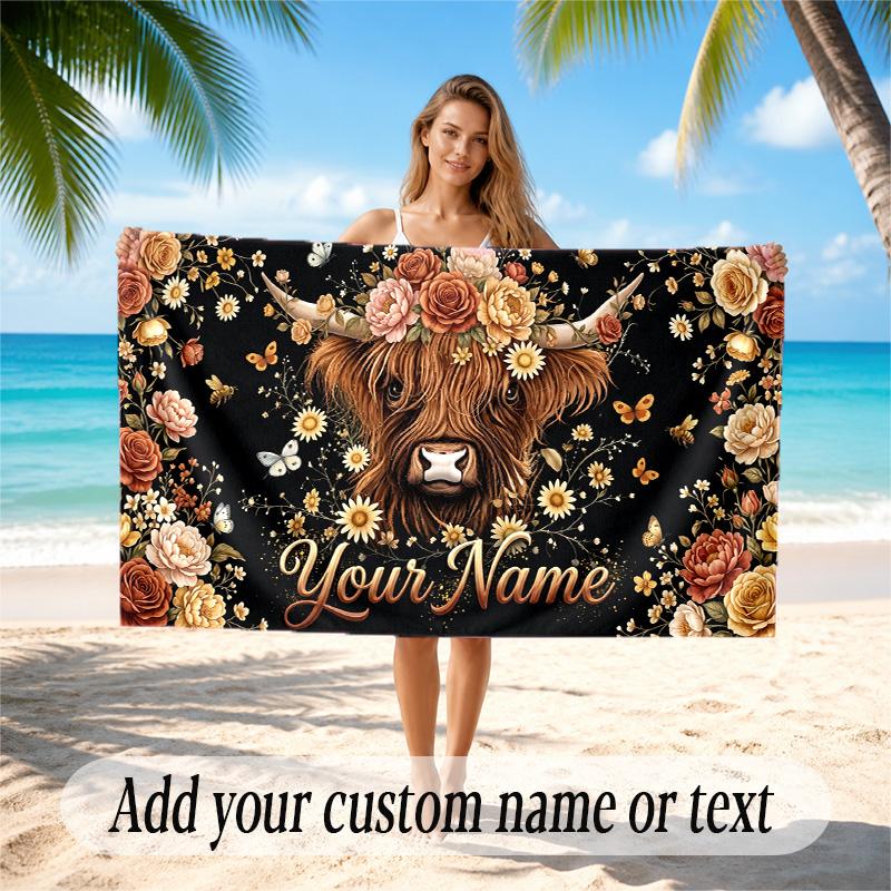 Highland Cow Theme Quick Dry Beach Towel Custom Name Text Print Large Sand Resistant Towel Beach Vacation