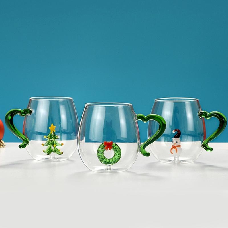 Decorative Christmas Glass Cup Christmas Party 3D Glass Mug Practical Festival Pattern Embellished Glass Mugs