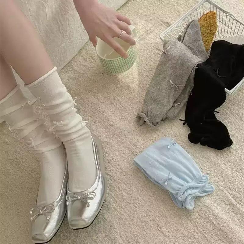 Ballet-style Calf Socks, Thin Socks for Girls, Pure and Simple Bow Lolita Long Tube Sweet Pile Socks