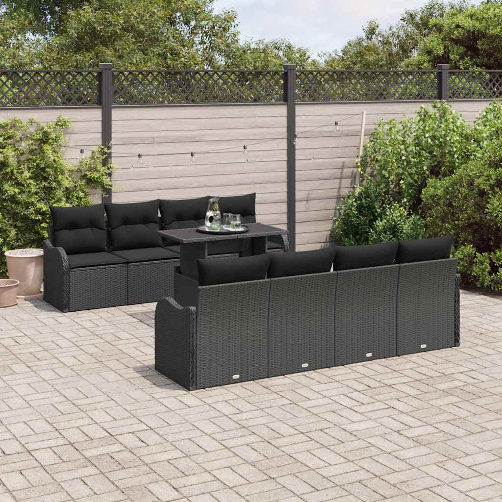 9 Piece Garden Sofa Set with Cushions Black Poly Rattan