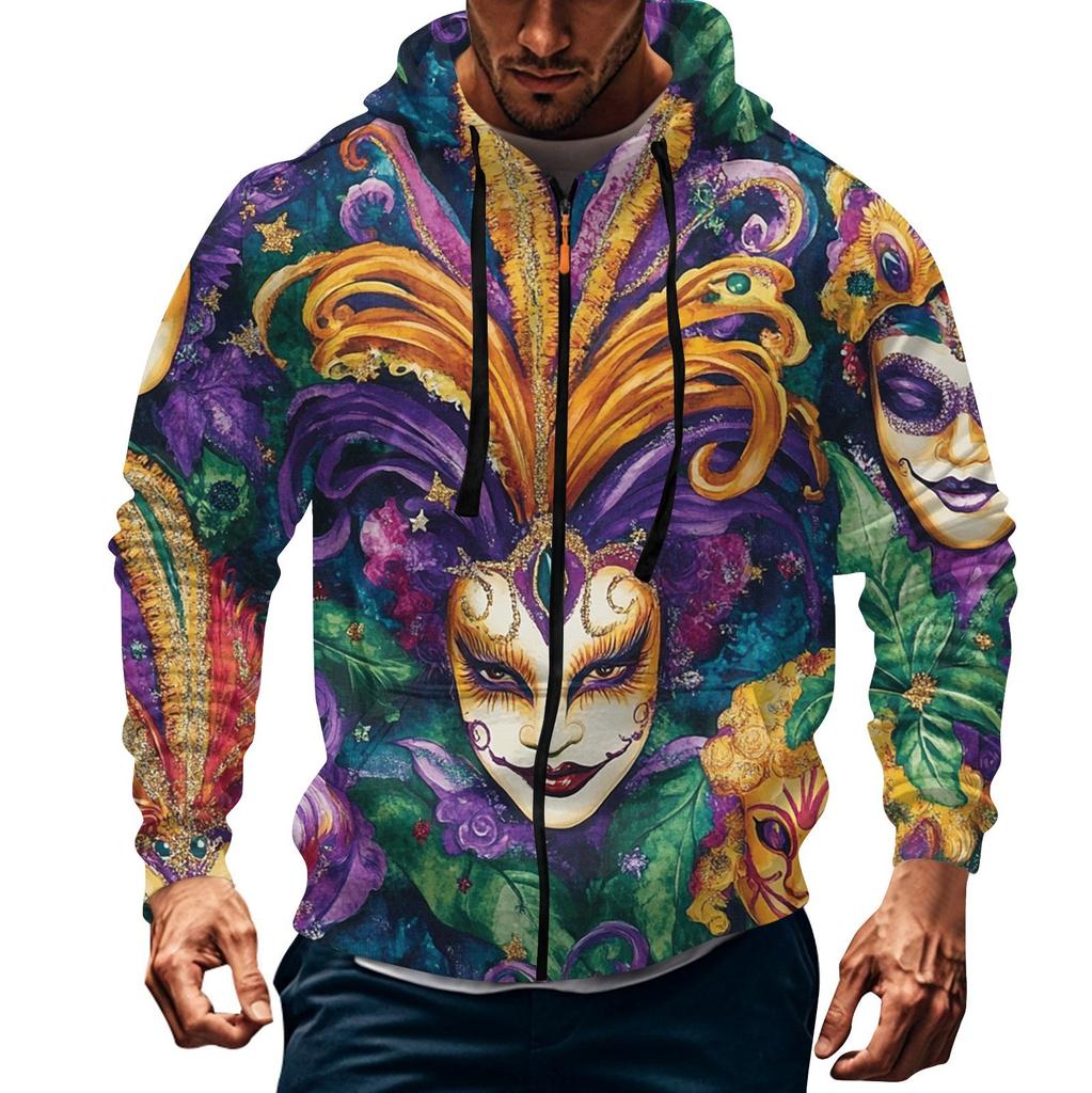Men's Sports Casual Fleece Hoodie Carnival Print Hoodie Cardigan Zipper Multi-pocket Hoodie Coat
