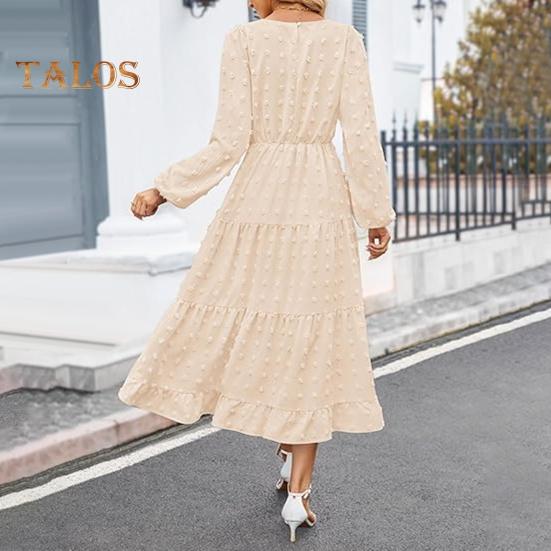 Herbst Winter Damen Kleid Lange Laternenärmel A-Linie Rundhals Großer Saum Punktapplikation Plissiert Einfarbig Dating Pendeln Midikleid