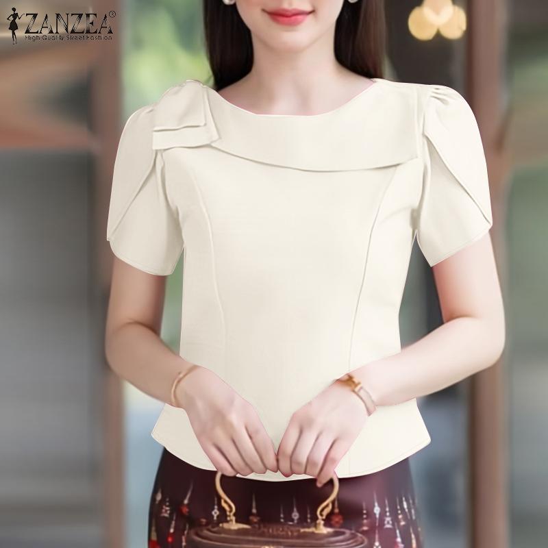 ZANZEA Damen Casual O-Ausschnitt Kurzarm Bluse mit Reißverschluss hinten