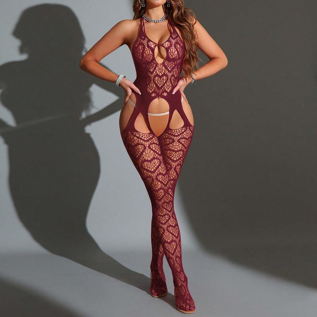 Women Halter Strap Heart Pattern See Through Mesh Open Crotch Sexy Lingerie Bodysuit