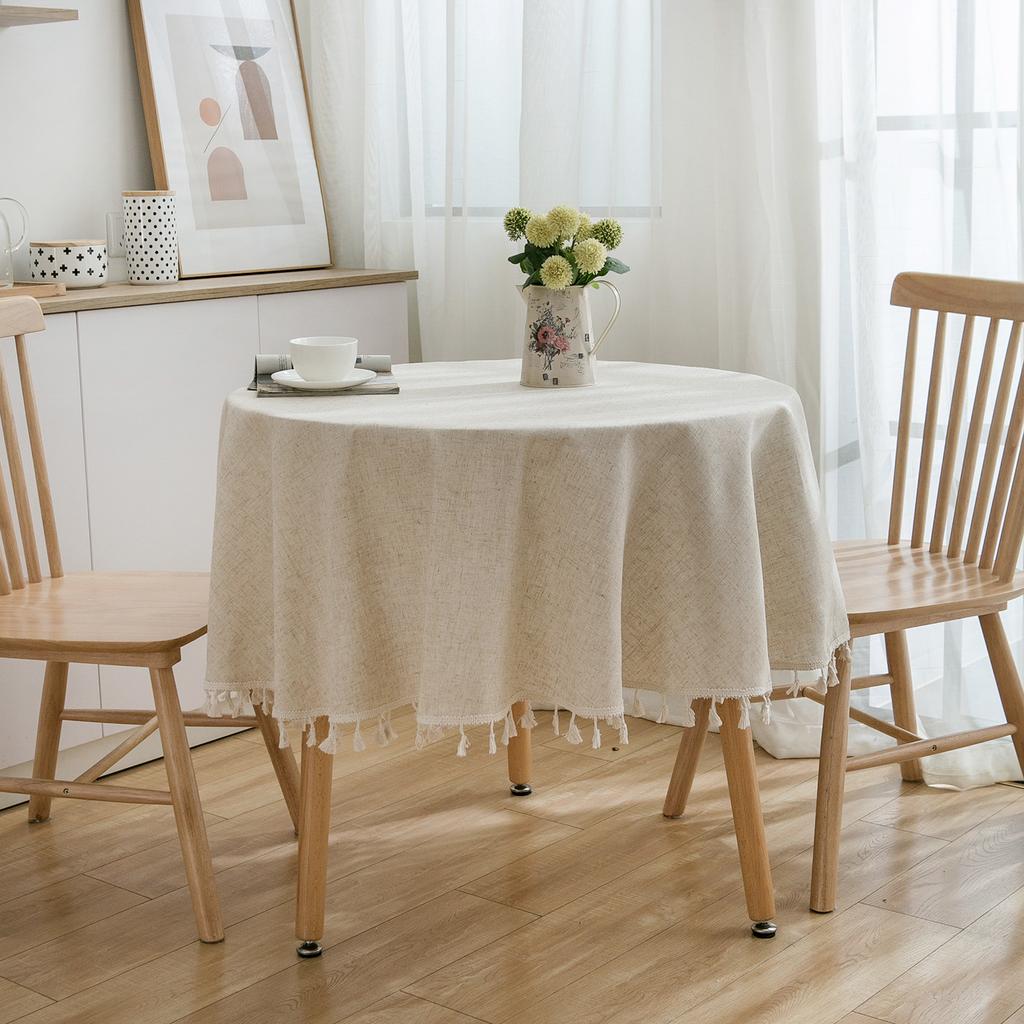 Plain Tablecloth with Fringed Round Table Dining Table Household Round Suitable for Holiday Dining Rooms, Living Rooms, Family Gatherings