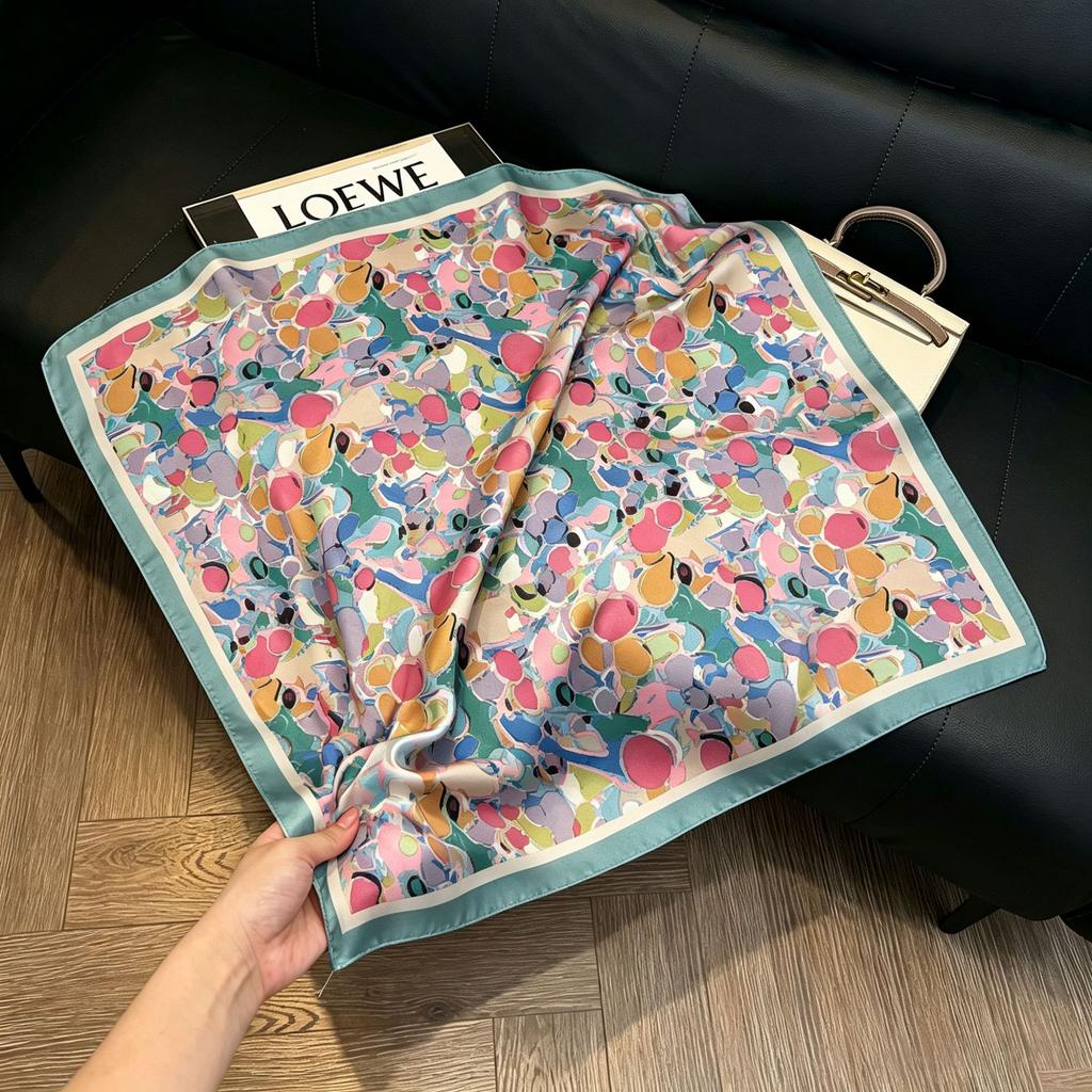 71Cm New Chinese Simulation Silk Square Scarf Soft and Skin-friendly Ink Flower Rhyme Printing Silk Scarf Neck Sunscreen Small Scarf
