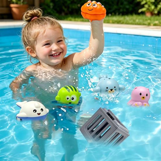 Kids Pool Diving Toys Fun Pond Game Weighted Bottom Dive Cage with Floating Sea Animals Pool Bath Toy Set for Swimming Outdoor Water Play Summer Gifts