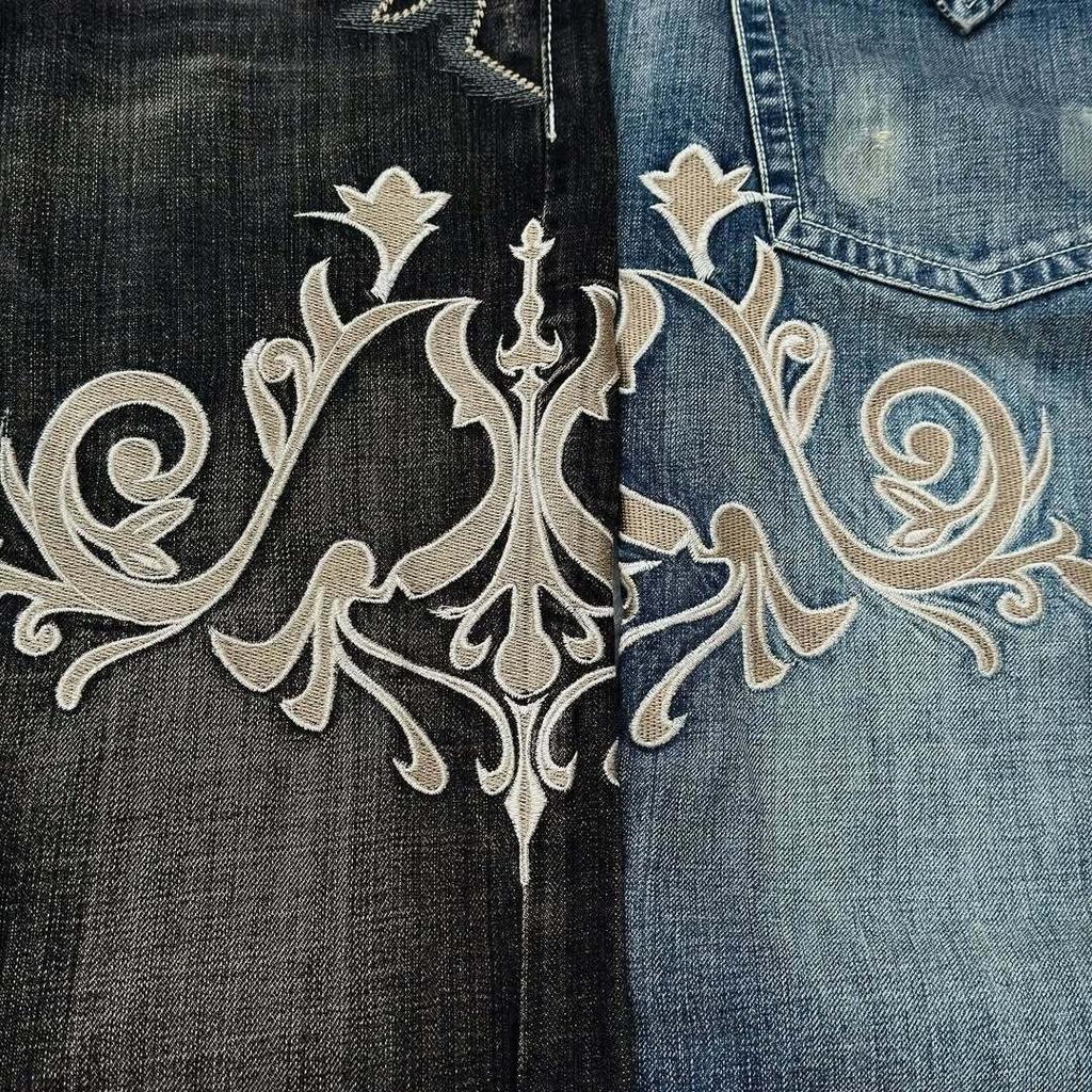 American Trendy Y2K Harajuku Retro Pattern Embroidery Washed Blue Jeans Women's Street Fashion Slim Pants
