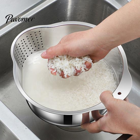 Rust Proof Food Strainer 304 Stainless Steel Colander with Side Drainage Holes, 3-in-1 Kitchen Bowl for Washing Rice Vegetables Fruits, Large Capacity