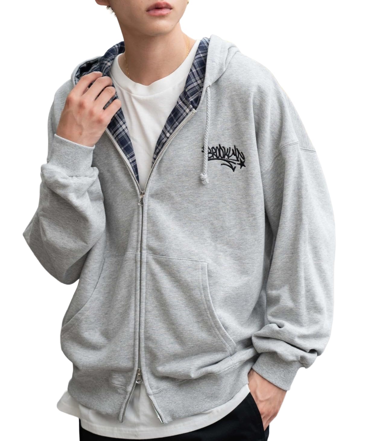 

WEGO Check Zip Loose Street Y2K Heather Size M Men s Hoodie, Unisex, Fit, Style, Fall/Winter Clothes, Gift, Gray,