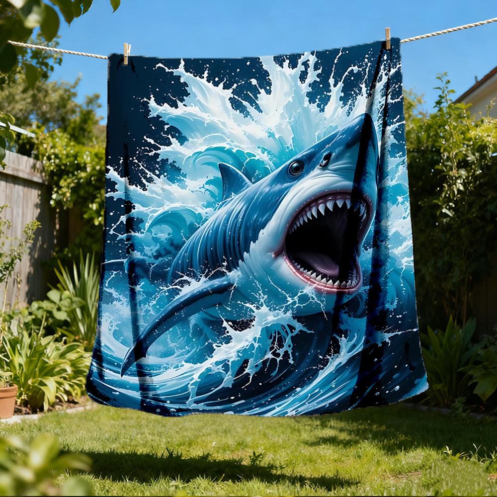 1pc Shark Attack Print Outdoor Blanket, Lightweight Polyester,