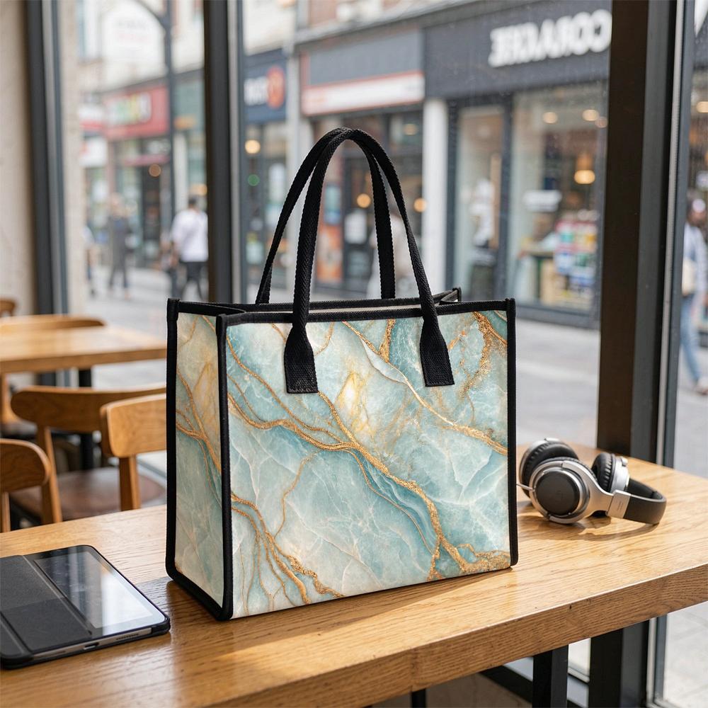 Elegant Blue Gold Marble Pattern Tote Bag Fashion Casual Large Capacity Daily Use Handbag for Women