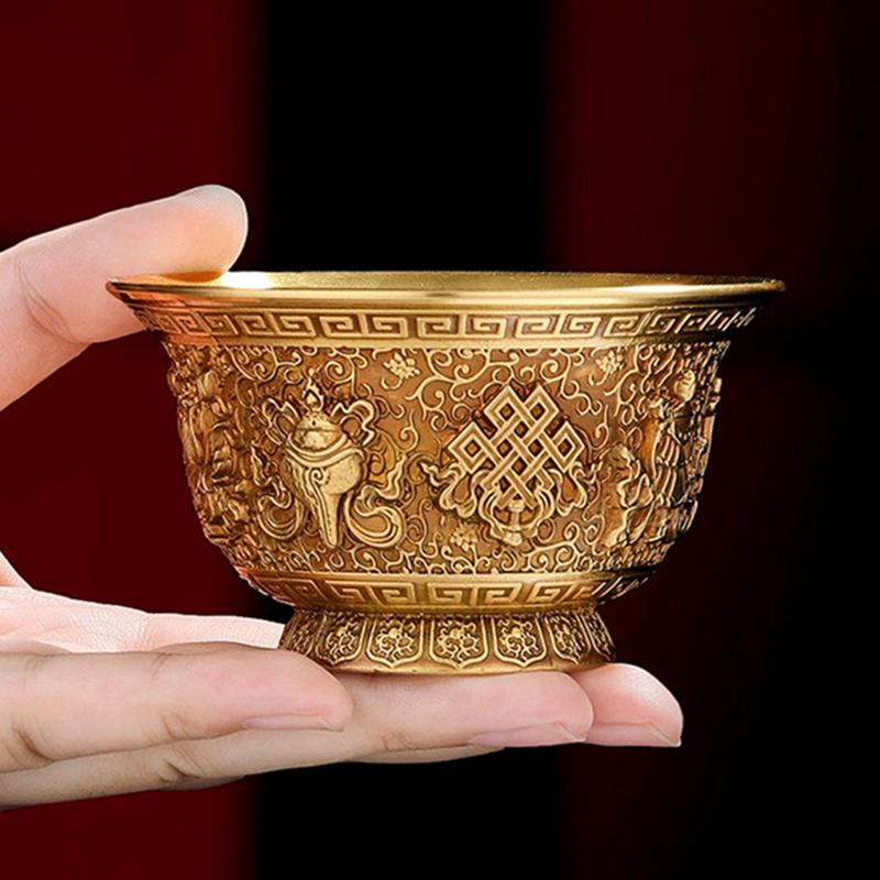 Engraving Buddhism Bowl Handicraft 8.7 CM Bronze Eight Auspicious Tibetan Holy Water Cup Tantric Bowl Altars Indoor Decorative