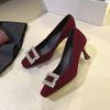 Beautiful rhinestone square buckle Chinese Xiuhe wedding shoes bride shoes women's square head high heel cashmere single shoes are not tired