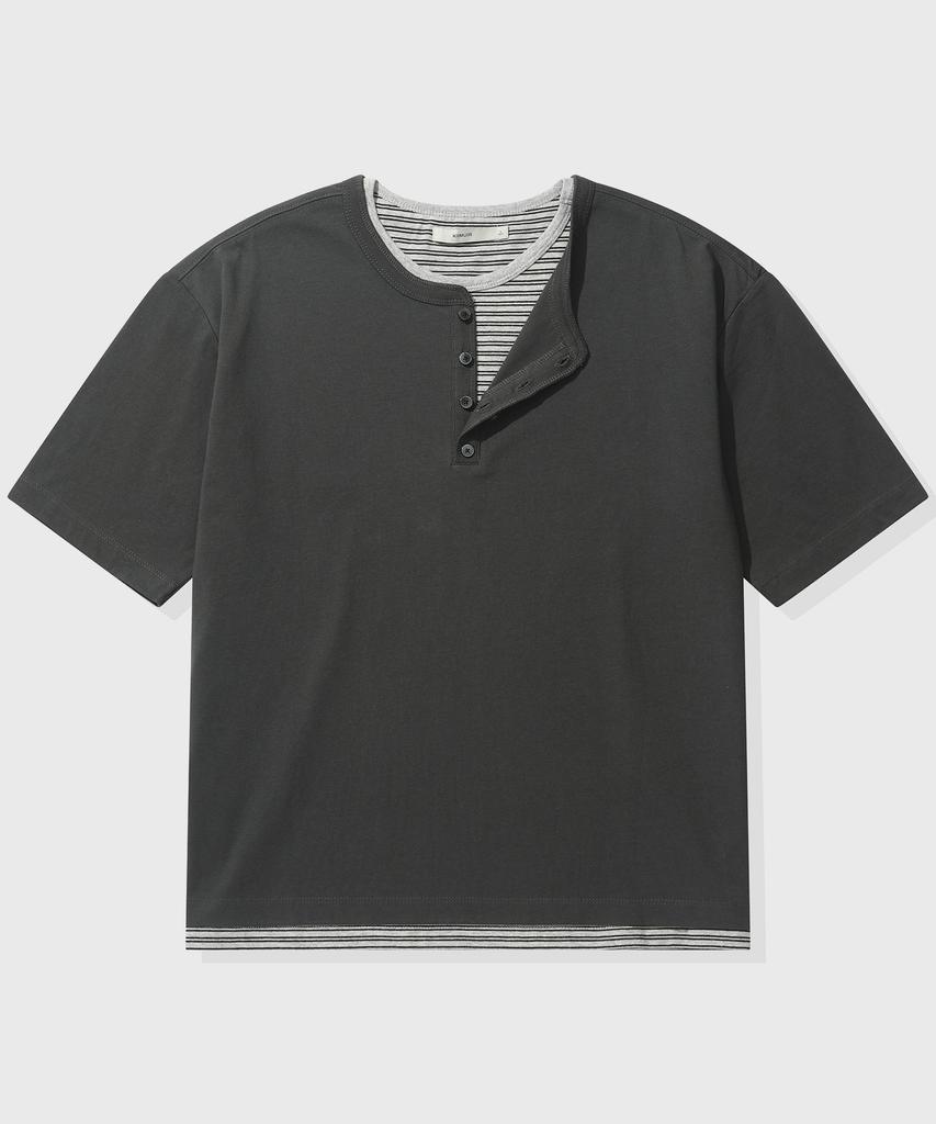 KIIMUIR [Crop] Striped Layered Henley Neck Short Sleeve T-Shirt_Charcoal