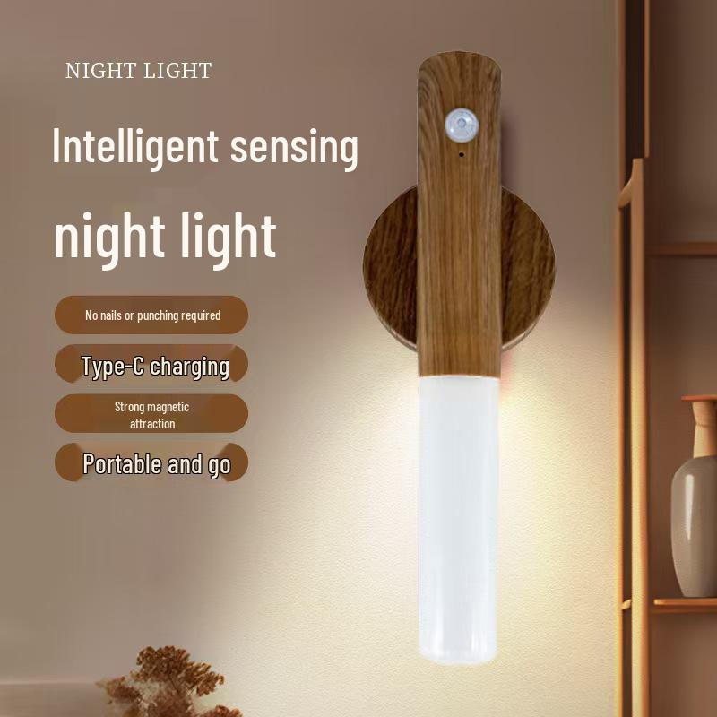 Wood Grain Night Light: Auto-Sensing Magnetic Wall Lamp for Bedroom & Corridor Use