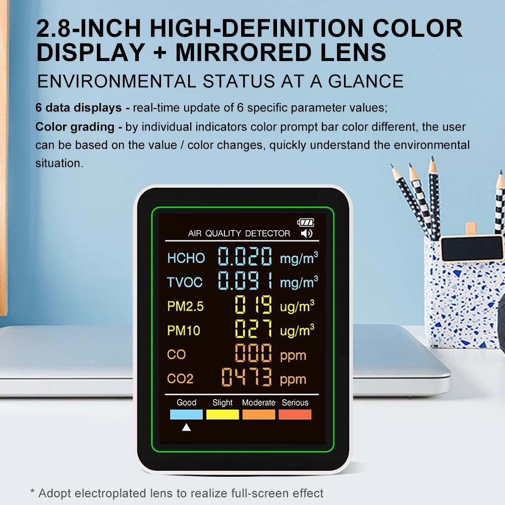 6 in 1 Air Quality Detector Household CO2 TVOC CO HCHO PM10 PM2.5 Monitor Office Wall Hanging LCD Display Air CO2 Detector